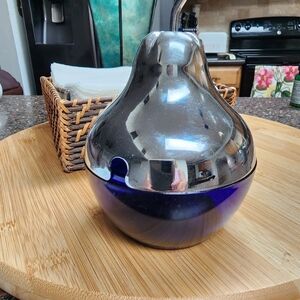 Pear Shaped Sugar Bowl, Chrome Metal Blue Glass